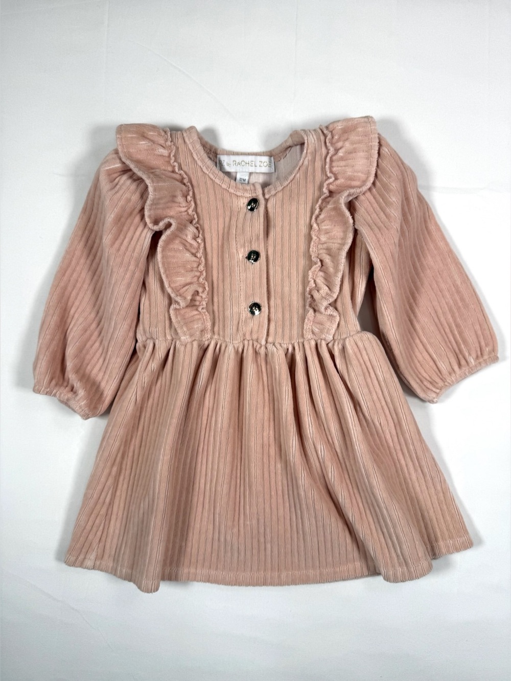 RZ By RACHEL ZOE Girls Ribbed Ruffle Dress Blush Long Sleeve‎ Button Front 12M